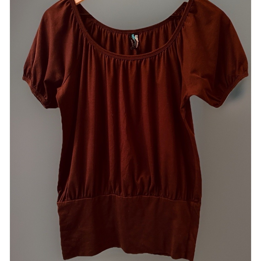 Weavers Y2K Brown Peasant Top Blouse Large L Short Sleeve Banded Hem Boho